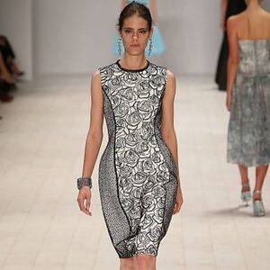 ^□$4990 NWT OSCAR DE LA RENTA SILK BEAD EMBR. WHT BLACK RUNWAY DRESS 4, 10 or 12